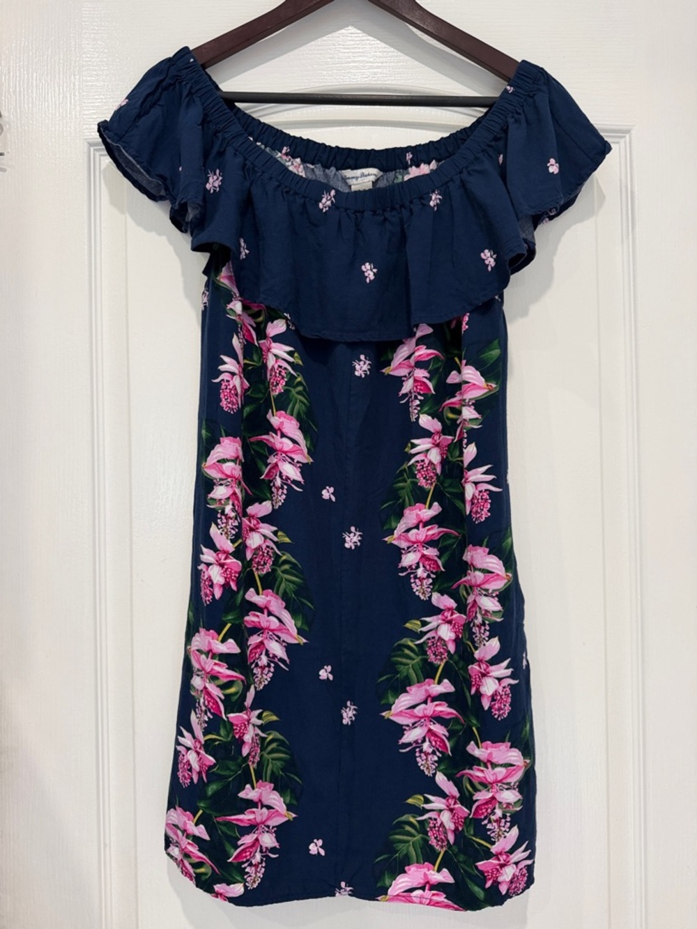Tommy Bahama Navy Floral Off-Shoulder Dress with Pink Accents